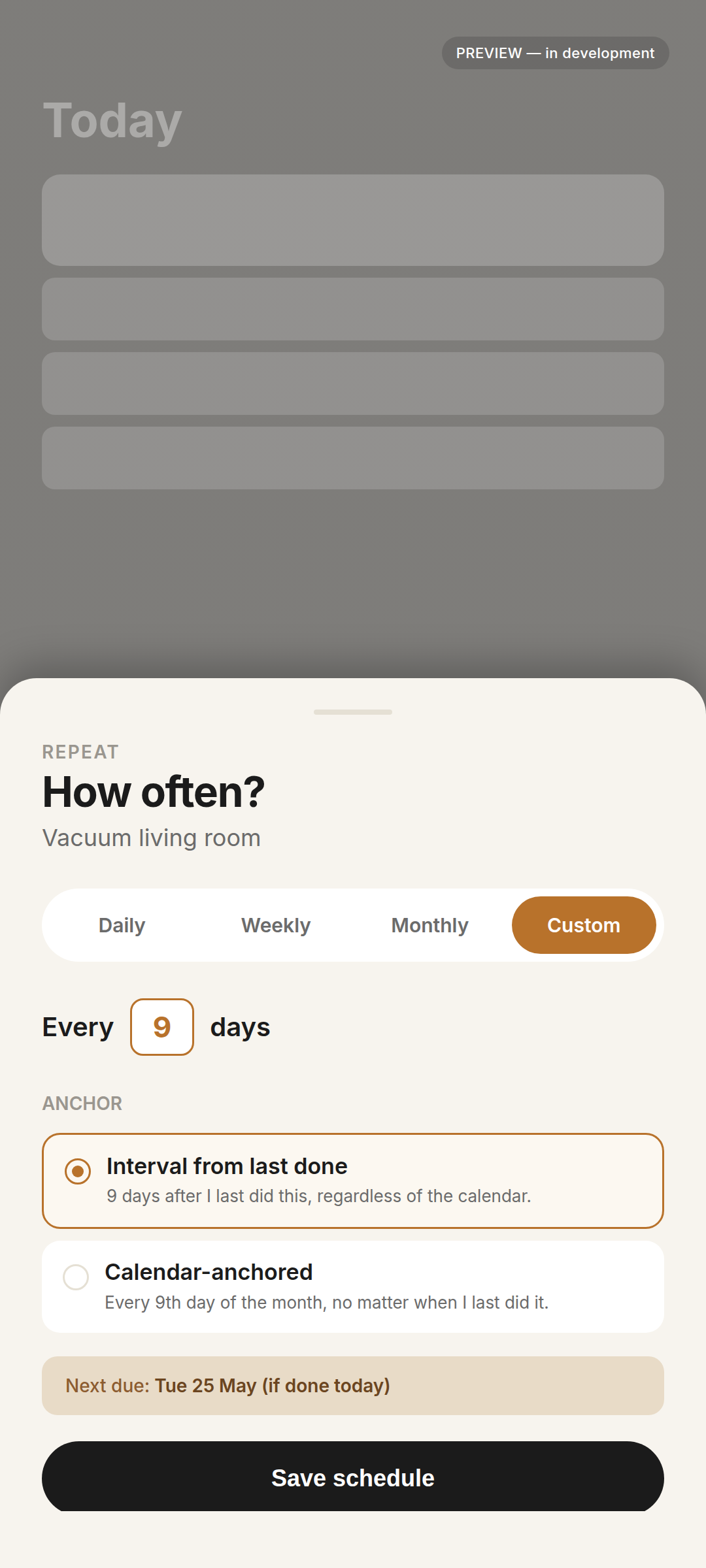 ChoreDay scheduling screen showing custom repeat interval options